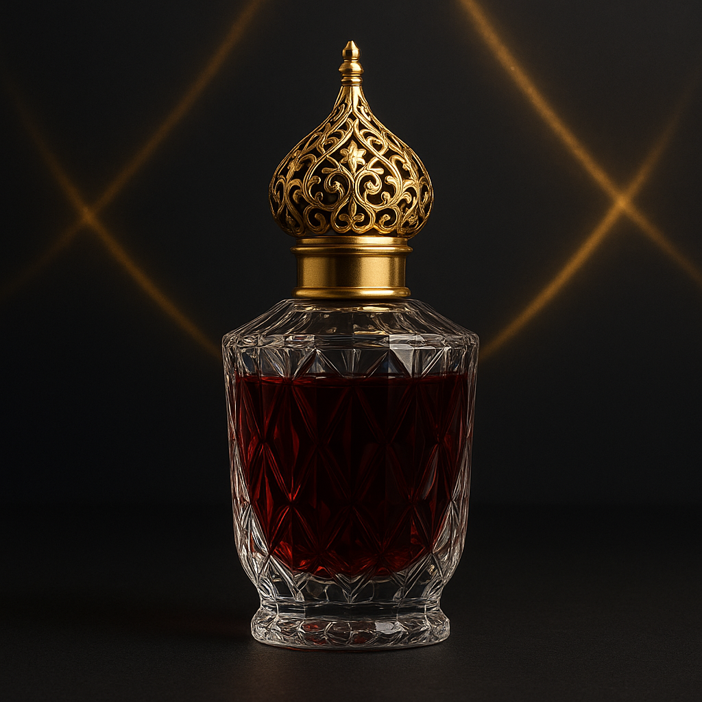 Frasco de perfume árabe em cristal com tampa dourada ornamentada e líquido âmbar, sobre fundo escuro