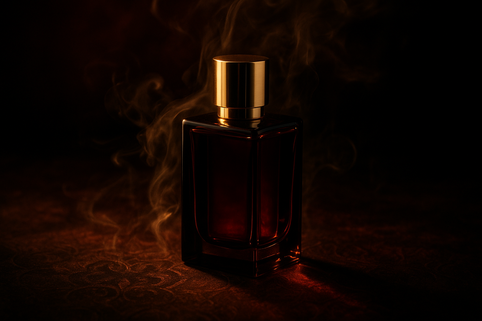 Frasco de perfume masculino em vidro âmbar com tampa dourada, iluminação dramática e fios de fumaça sobre fundo escuro